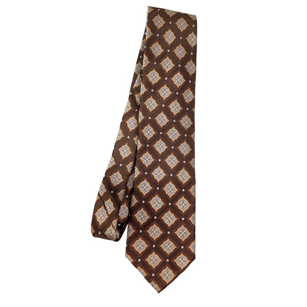 Bacara Geometric 100% Silk Neck Tie Hand Made Designer Brown‎ Classic 58"